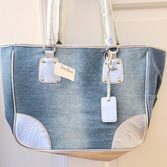 NEW Neiman Marcus  Denim Jean Blue Silver Shoulder Bag Medium Size Size Pocket - Picture 6 of 12